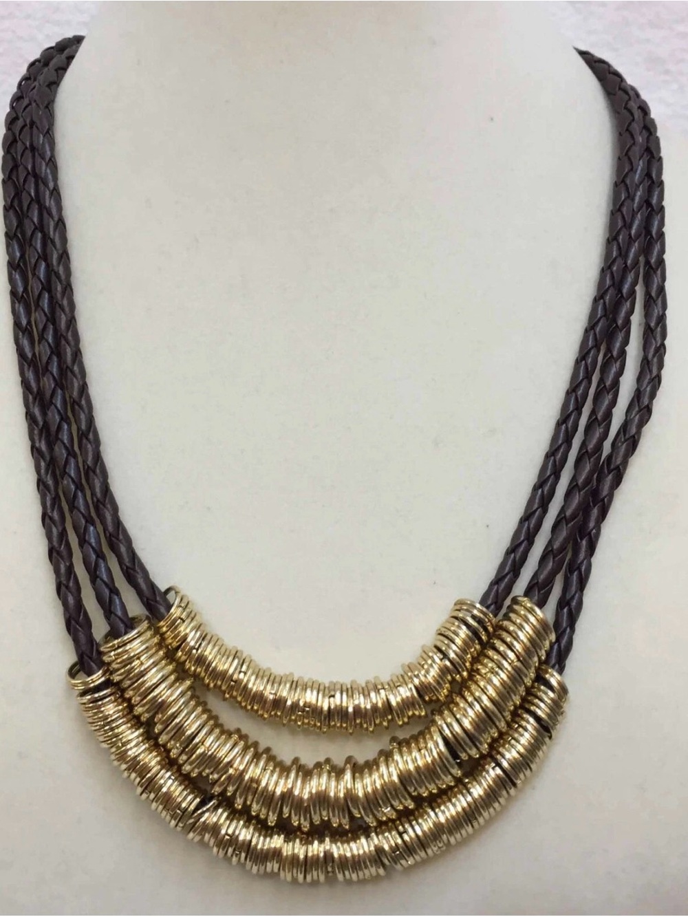 Braided Brown Leather Necklace with Gold Disk Accents